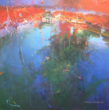 lune rouge sur l’étang à Poldhu paysage marin abstrait Peinture à l'huile